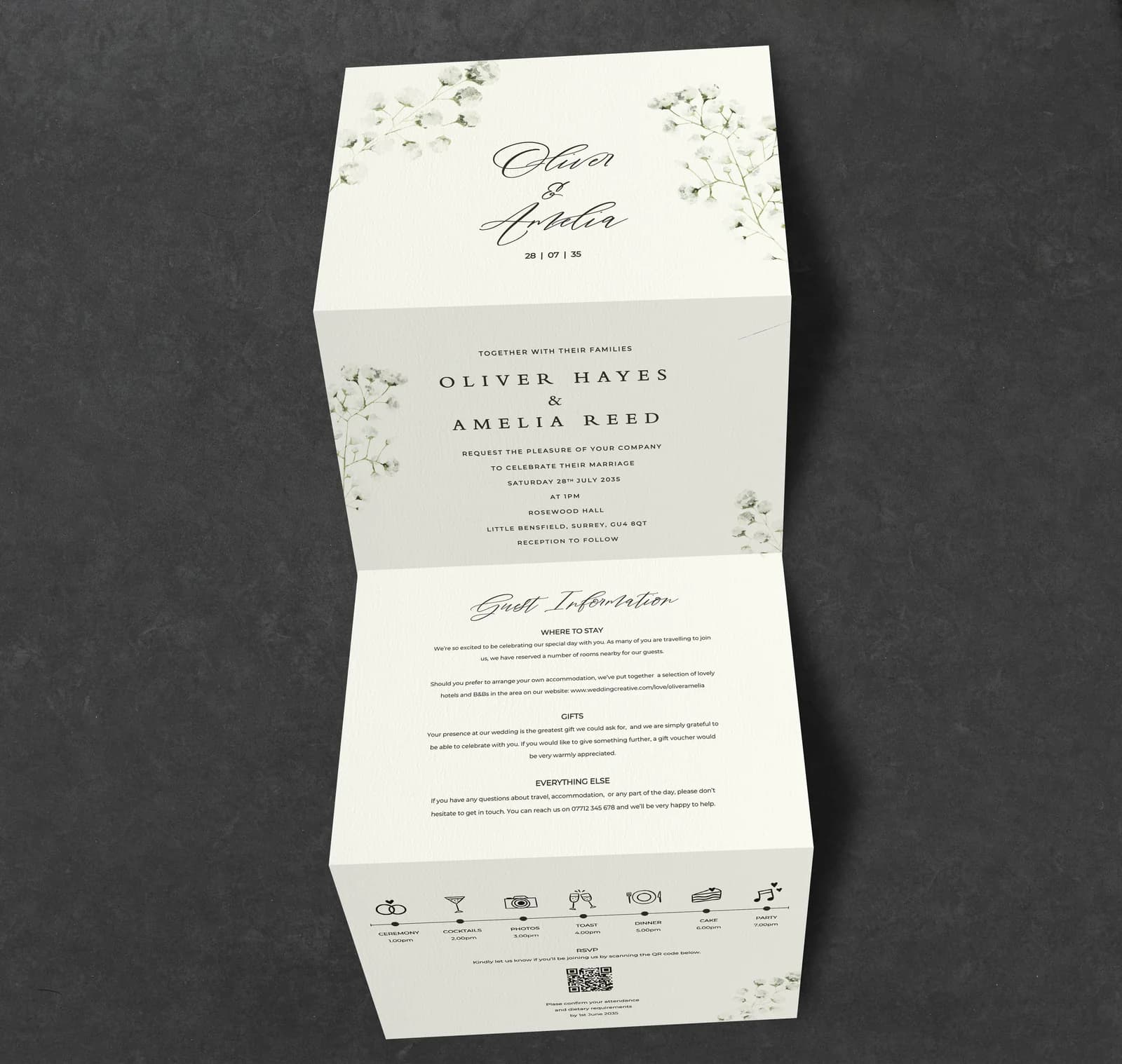 Gypsophila Concertina Invitation — invitation wedding stationery