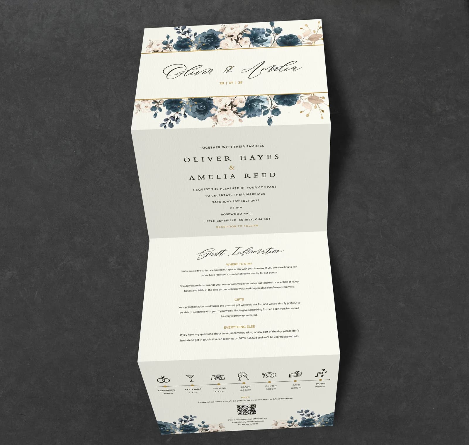 Blue Flowers Concertina Invitation — invitation wedding stationery