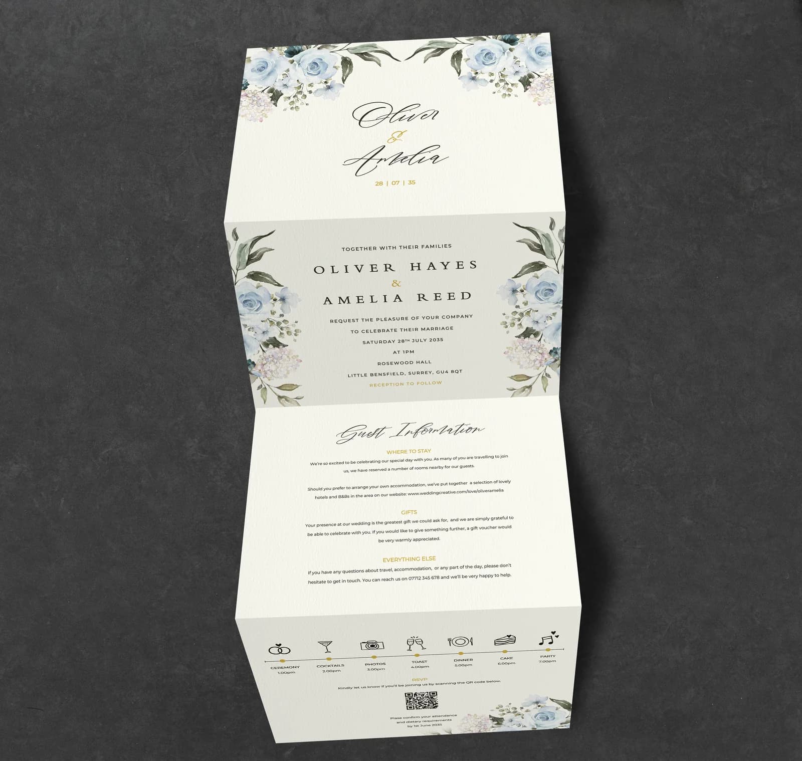 Blue Roses Concertina Invitation — invitation wedding stationery