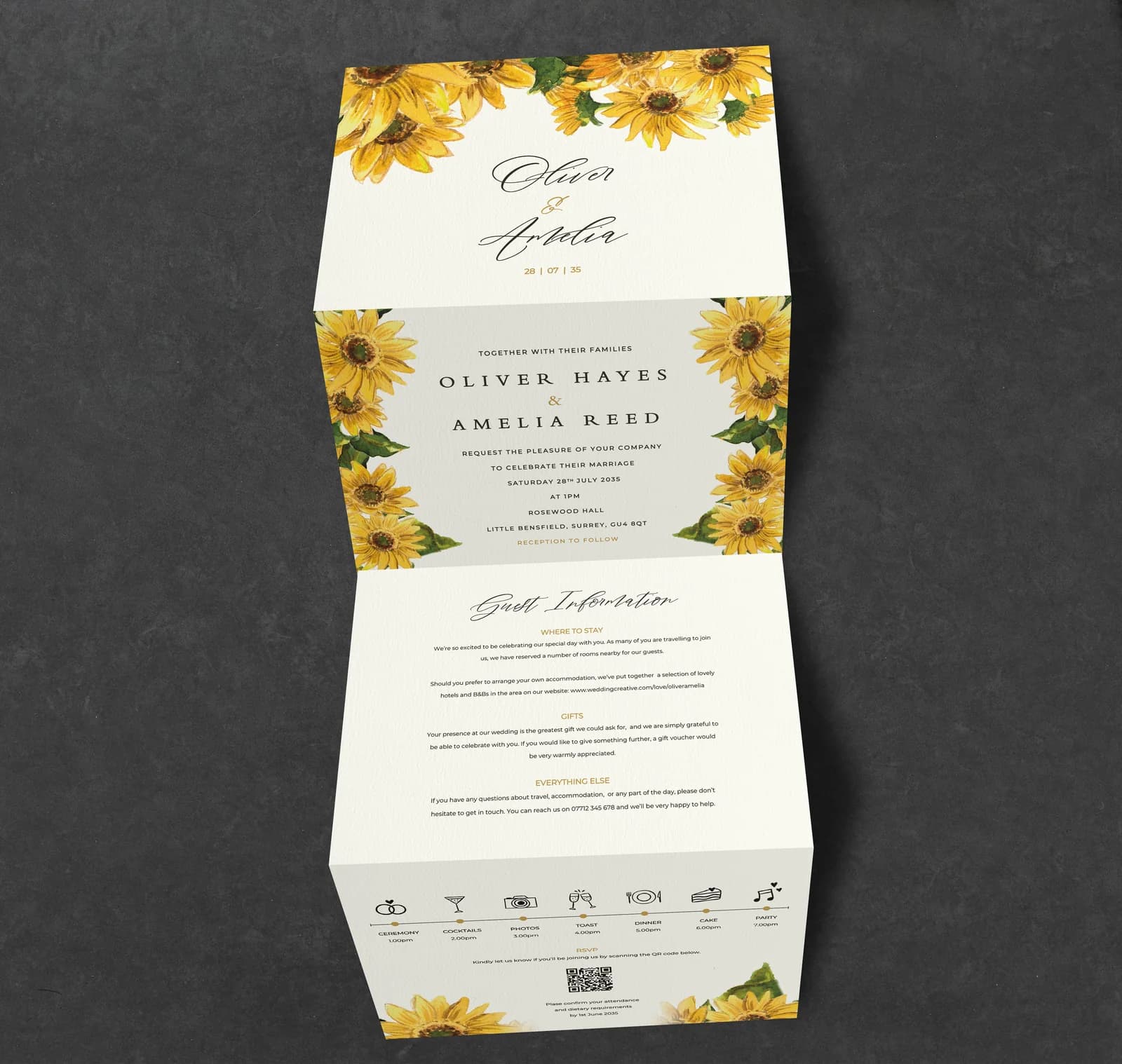 Sunflowers Concertina Invitation — invitation wedding stationery