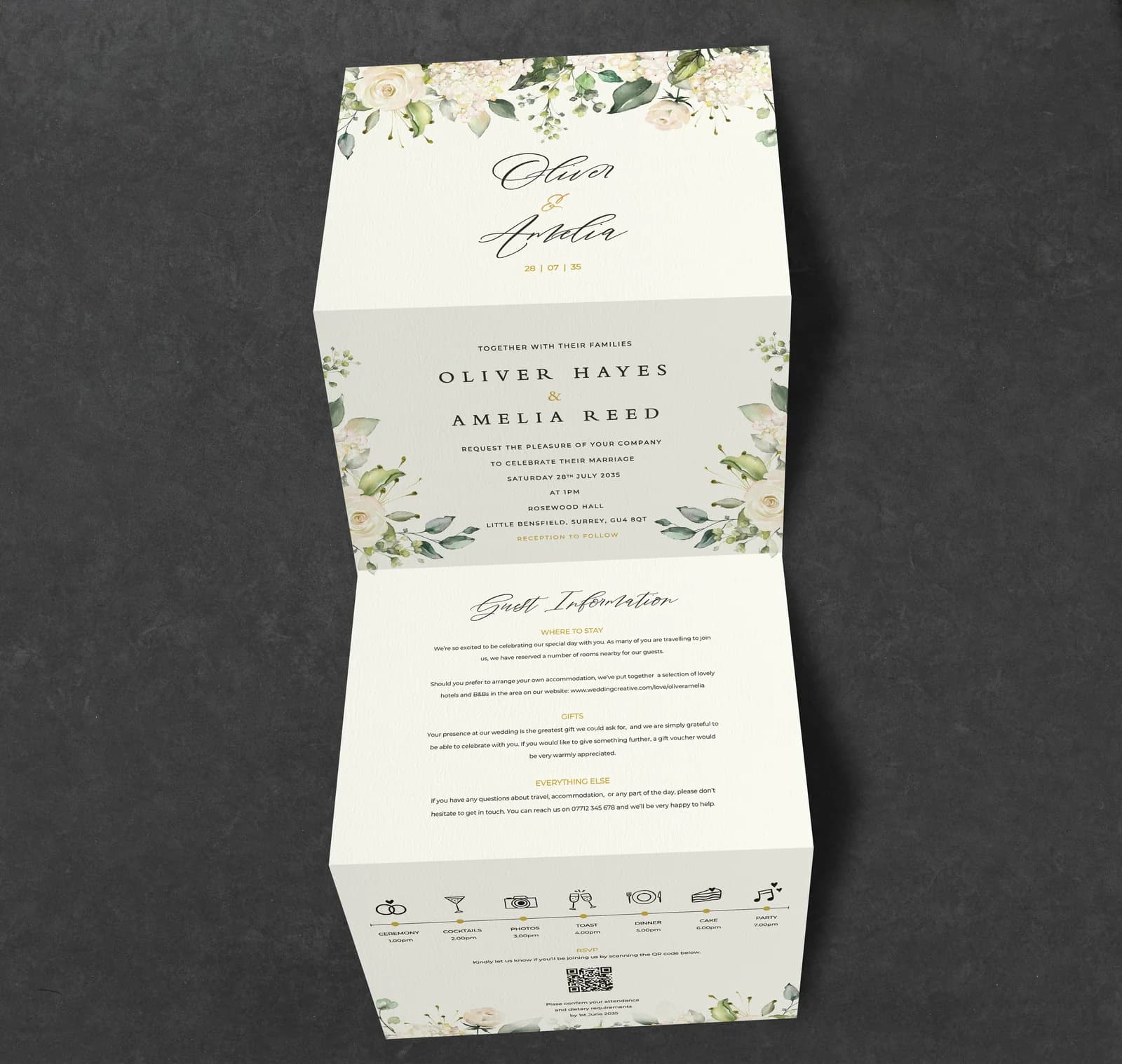 White Roses Concertina Invitation — invitation wedding stationery