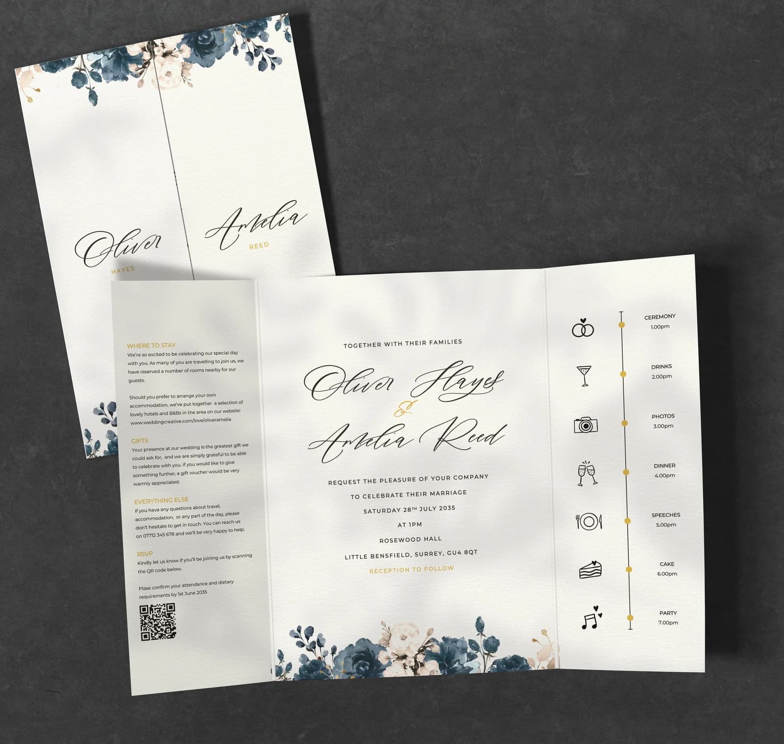 Blue Flowers Gatefold Invitation — invitation wedding stationery