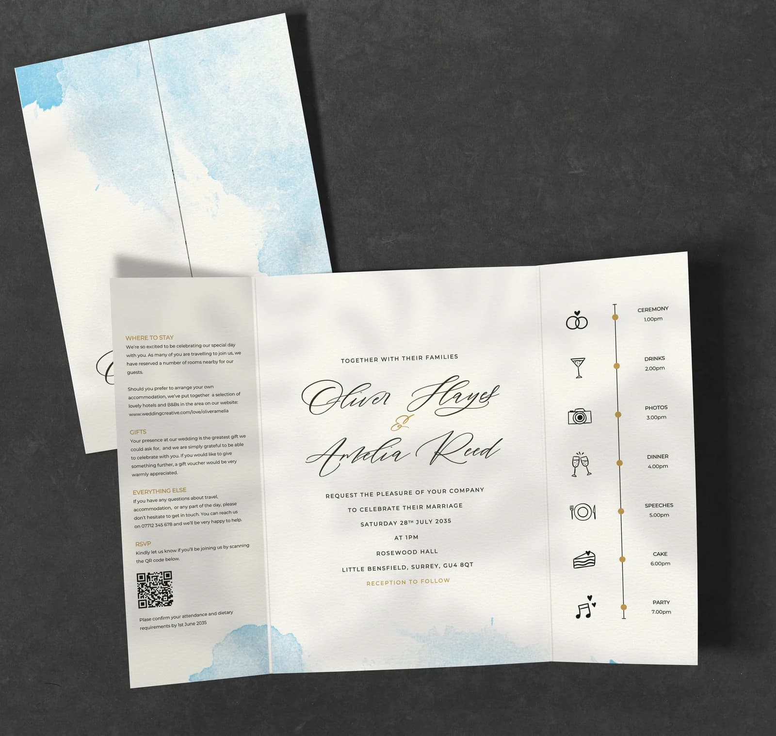 Blue Watercolour Gatefold Invitation — invitation wedding stationery