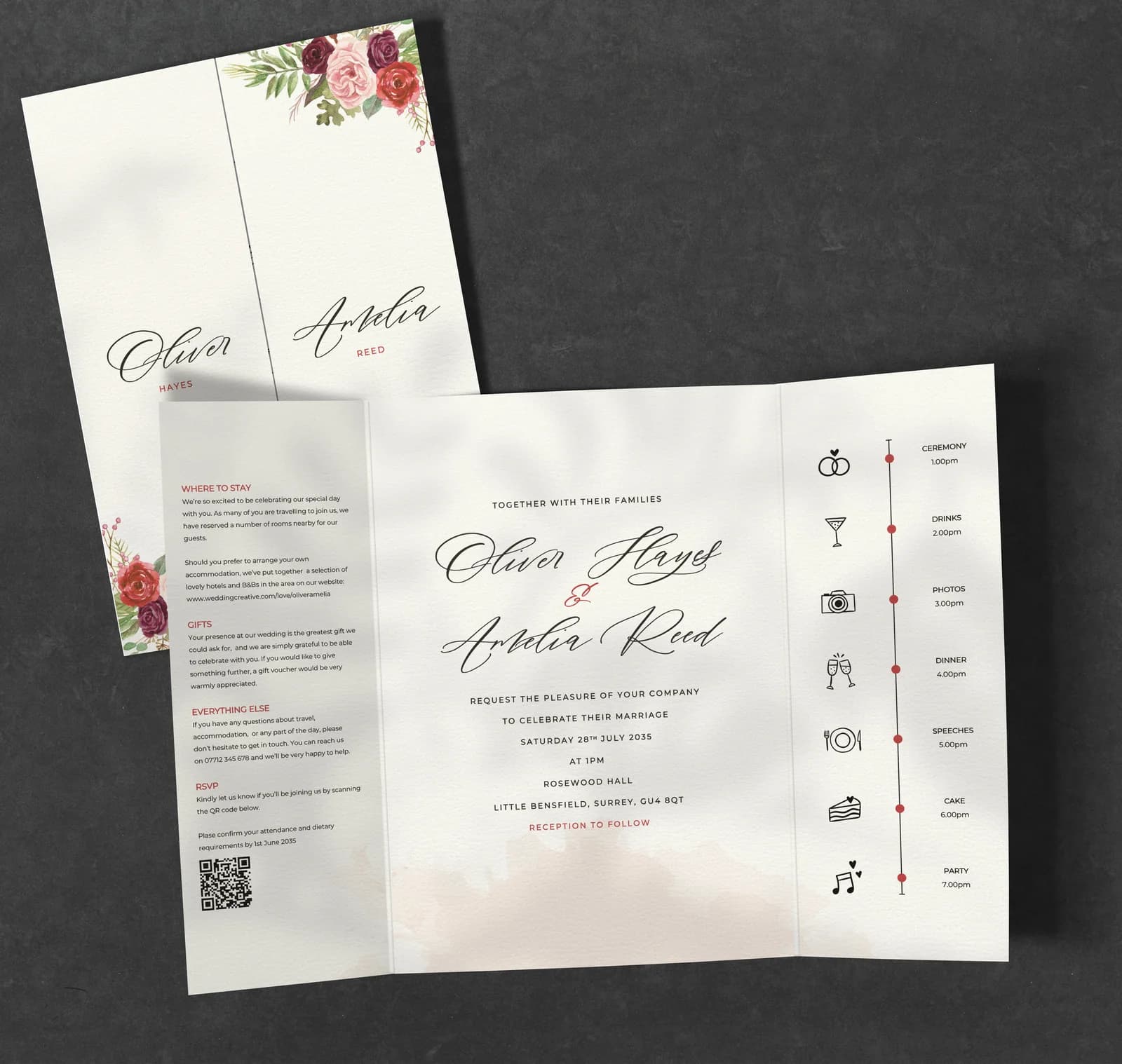 Burgundy Flowers Gatefold Invitation — invitation wedding stationery