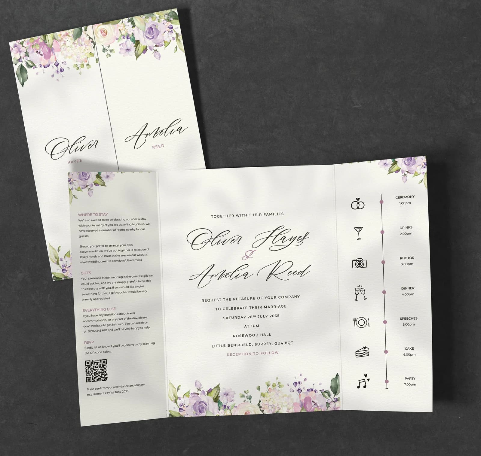 Lilac Floral Gatefold Invitation — invitation wedding stationery