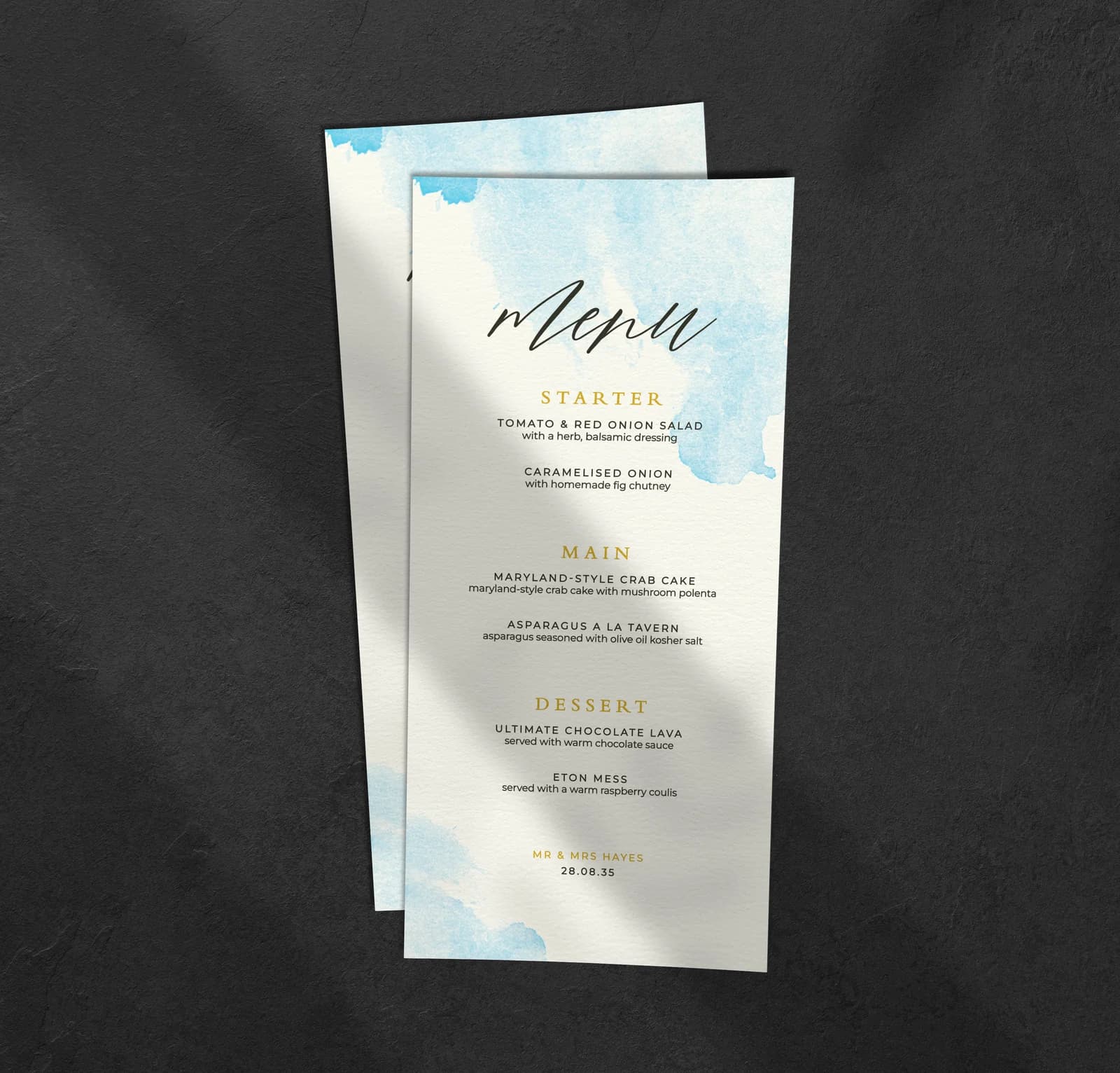 Blue Watercolour Menu — on the day wedding stationery
