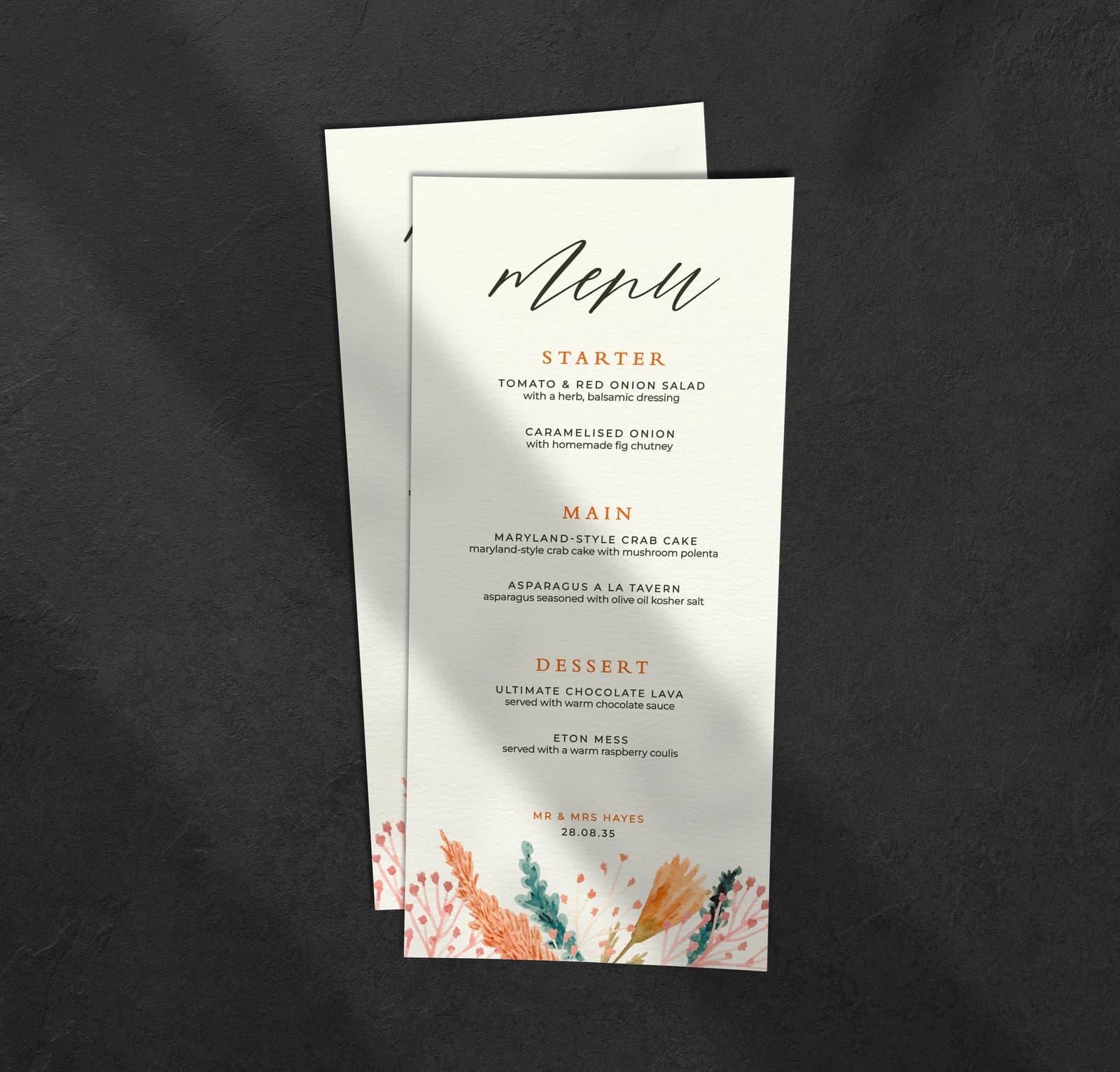 Fiery Menu — on the day wedding stationery