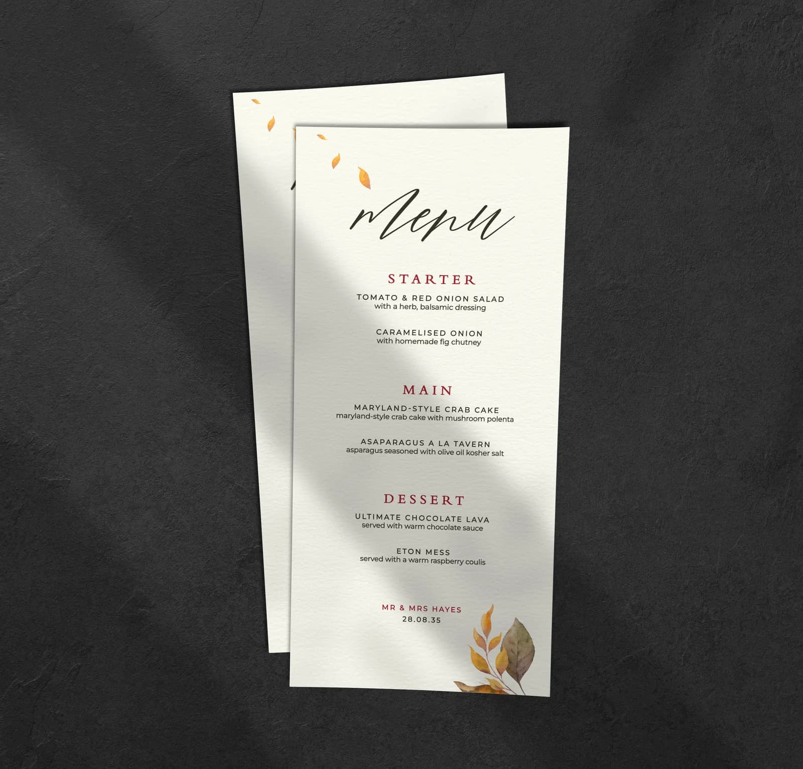 October Menu — on the day wedding stationery