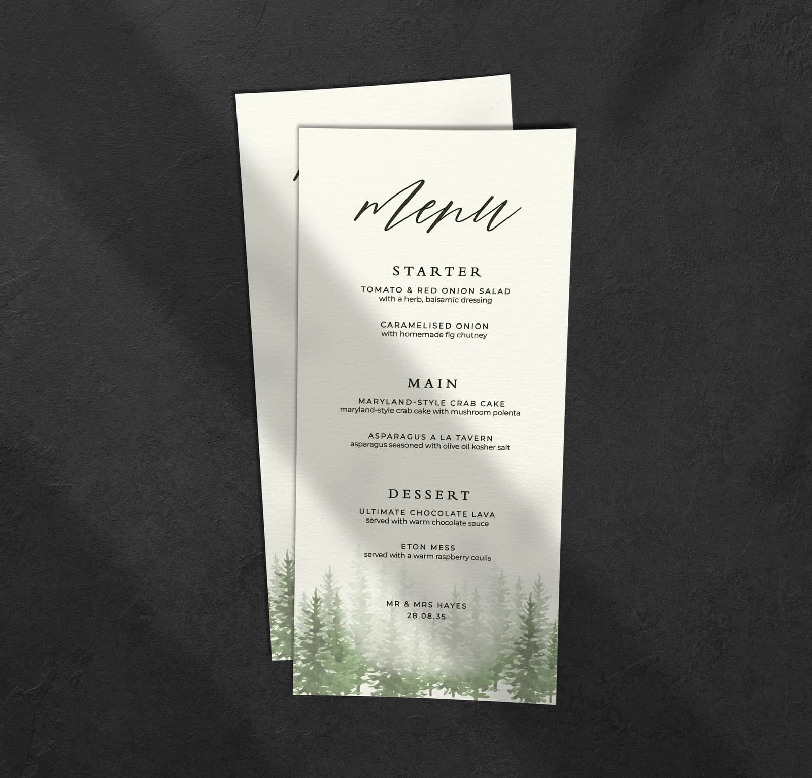 Pine Menu — on the day wedding stationery