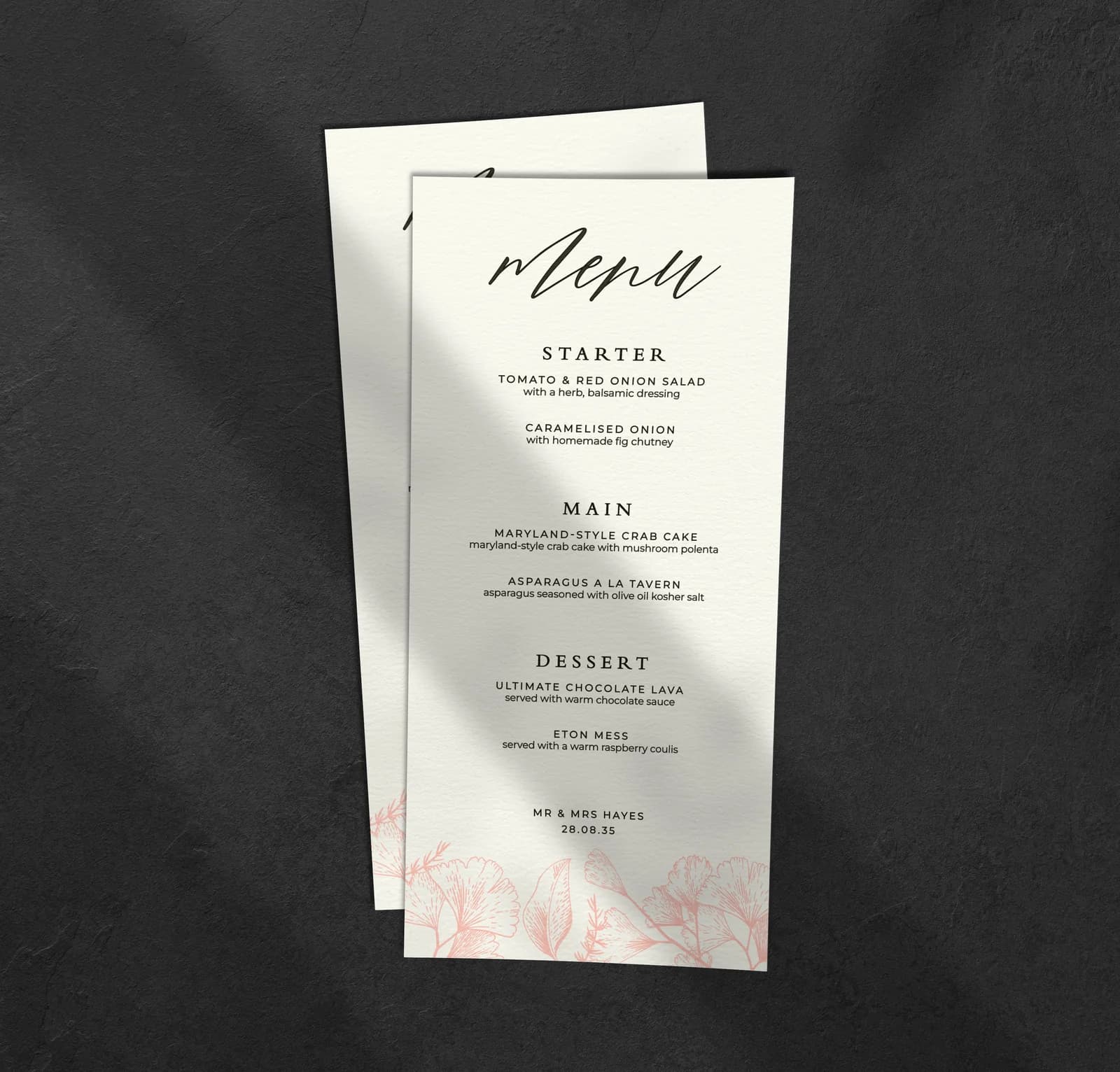 Pink Lace Menu — on the day wedding stationery