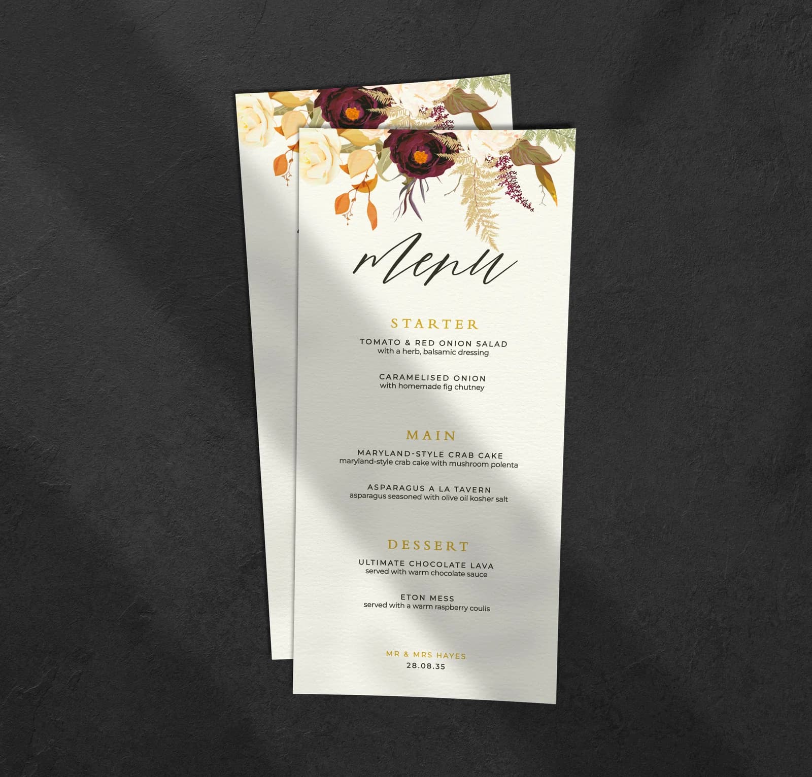 Potpourri Menu — on the day wedding stationery