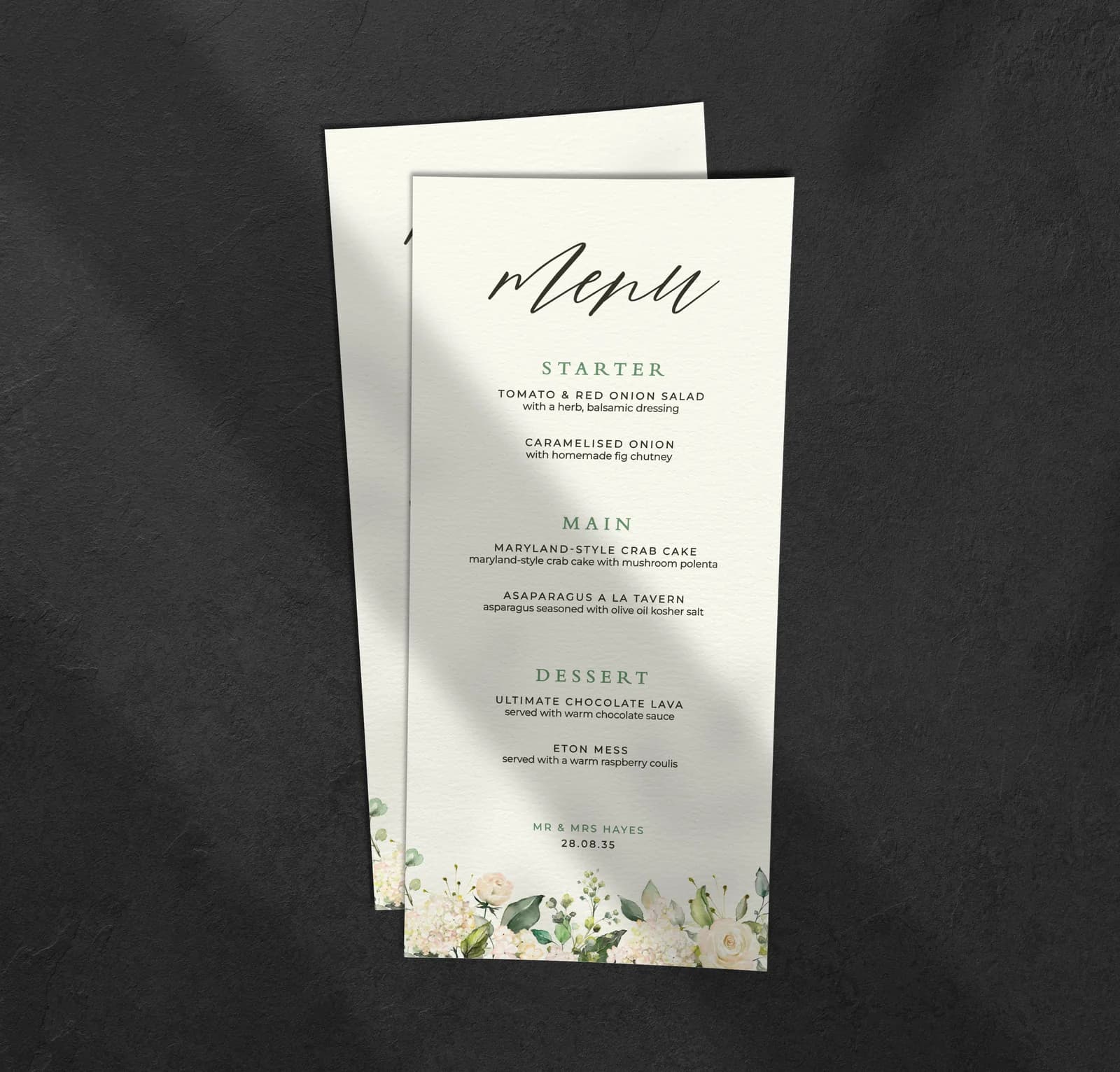 White Roses Menu — on the day wedding stationery