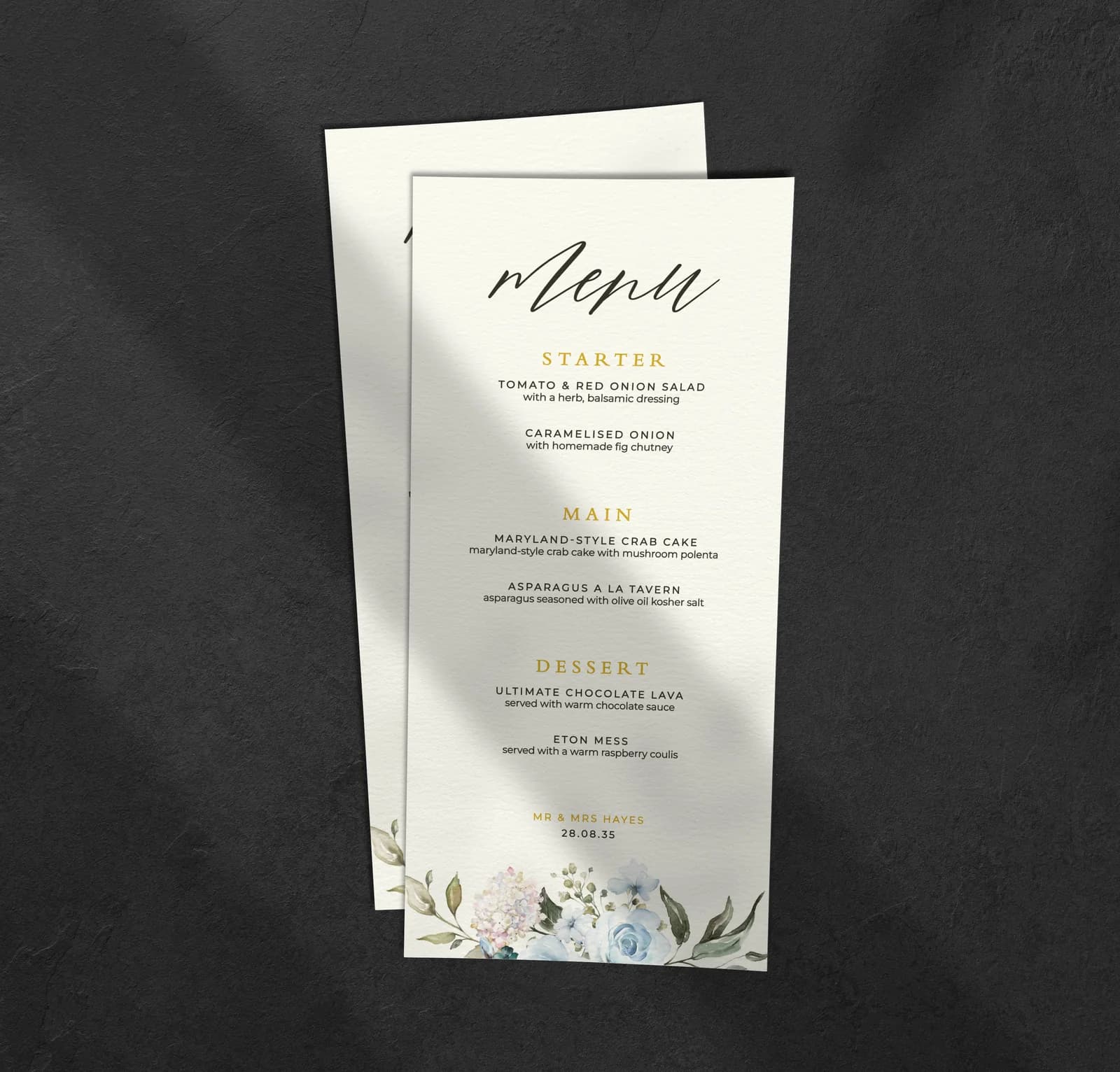 Blue Roses Menu — on the day wedding stationery