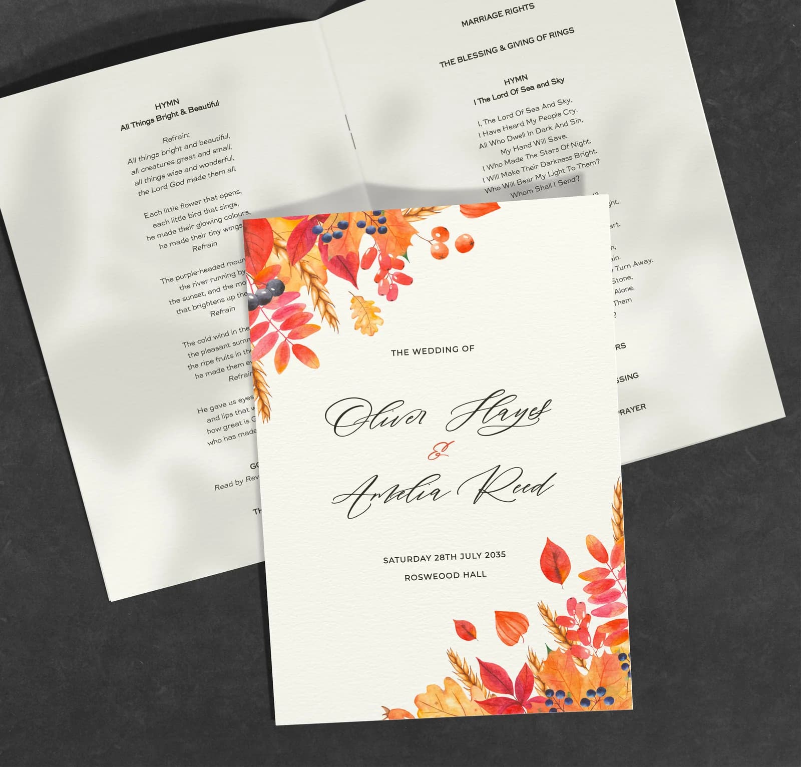 Autumn Order of Service — on the day wedding stationery
