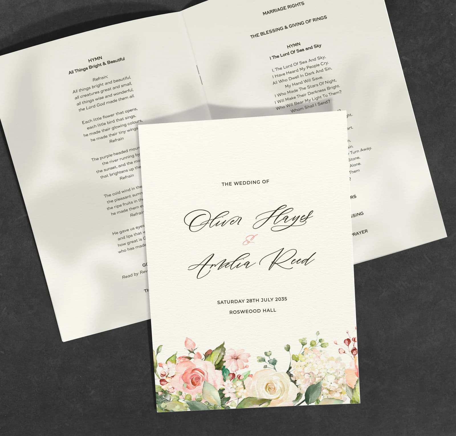Blush Roses Order of Service — on the day wedding stationery