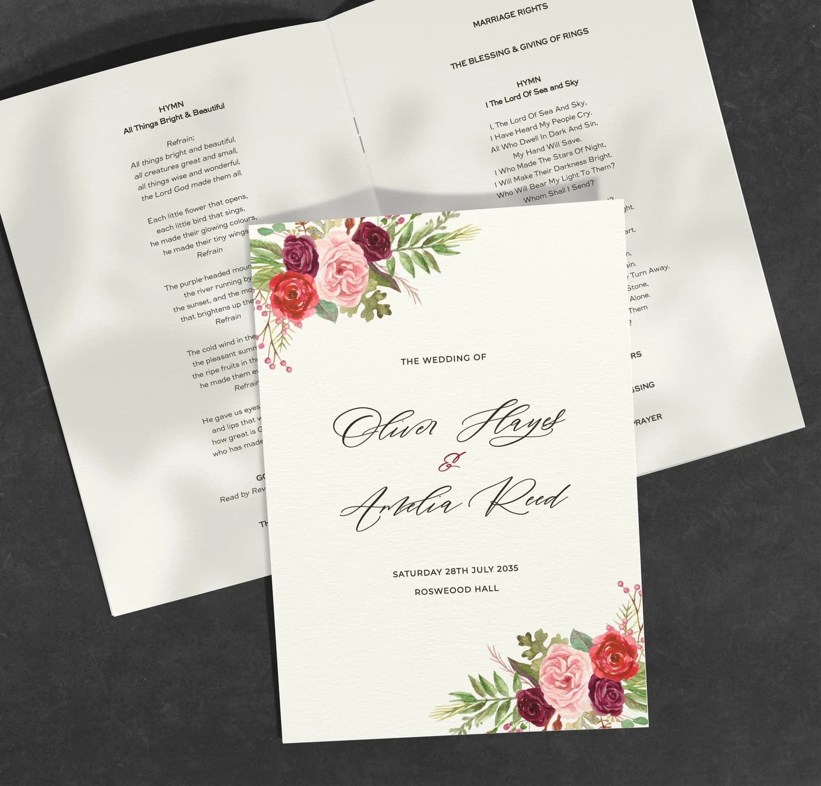 Burgundy Flowers Order of Service — on the day wedding stationery