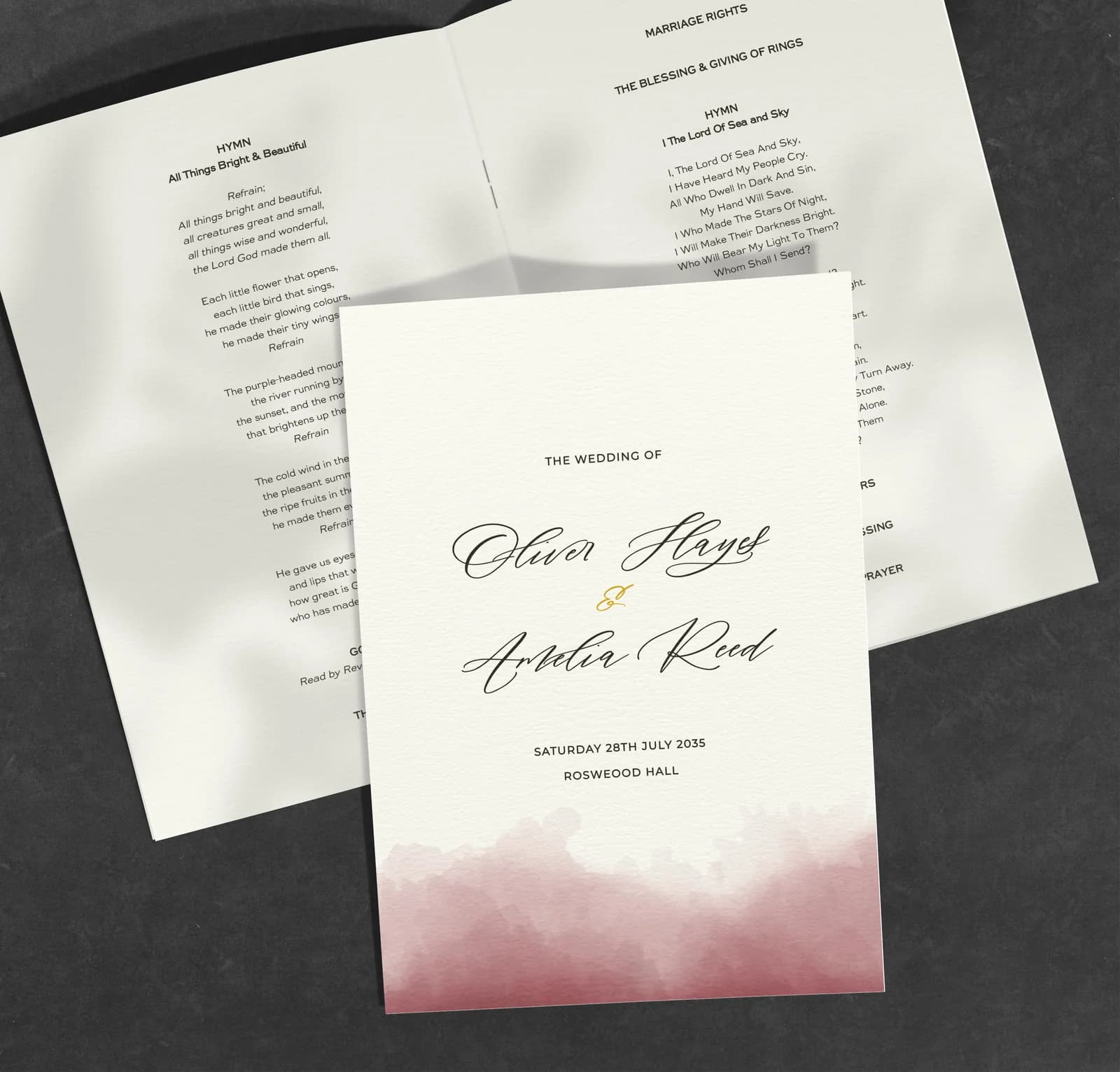Burgundy Watercolour Order of Service — on the day wedding stationery
