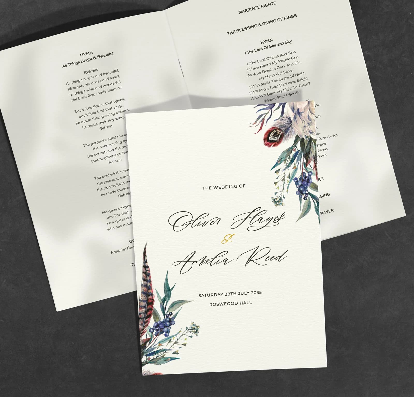 Feathers Order of Service — on the day wedding stationery