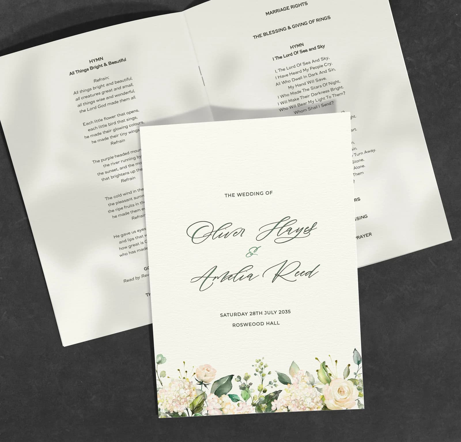 White Roses Order of Service — on the day wedding stationery