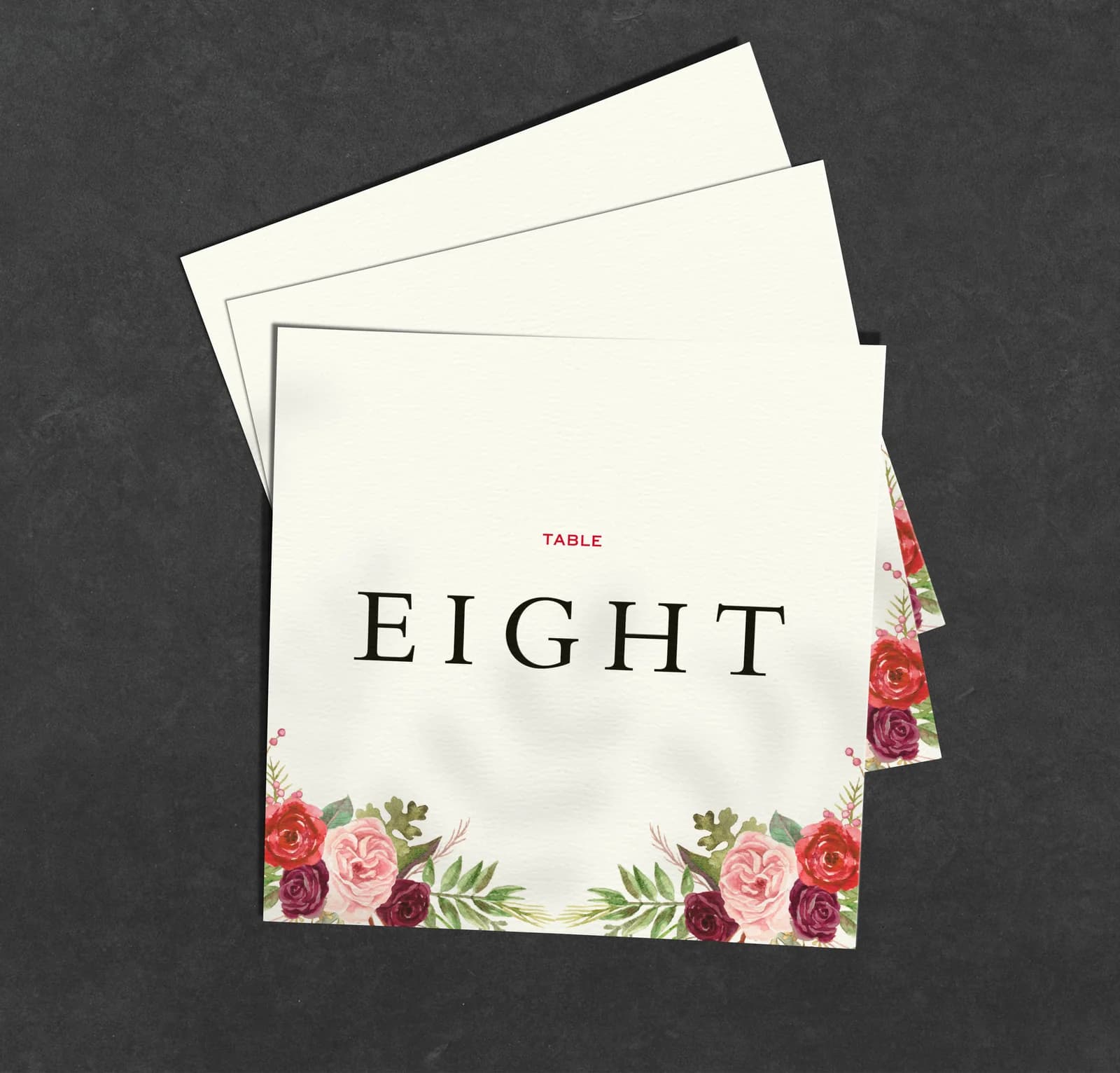 Burgundy Flowers Table Name Card — on the day wedding stationery