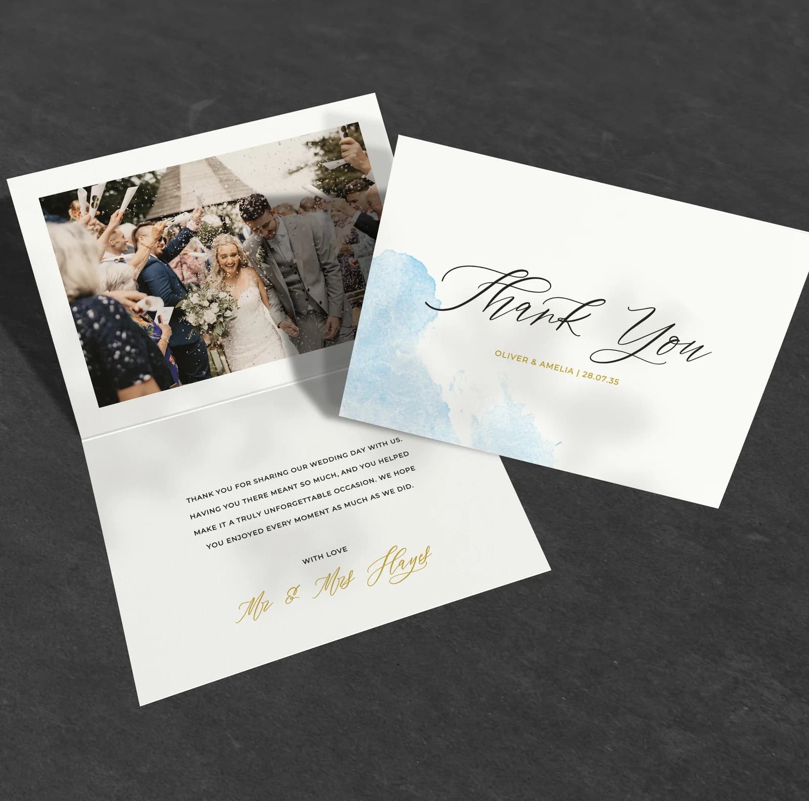 Blue Watercolour Thank You Card — thank you wedding stationery